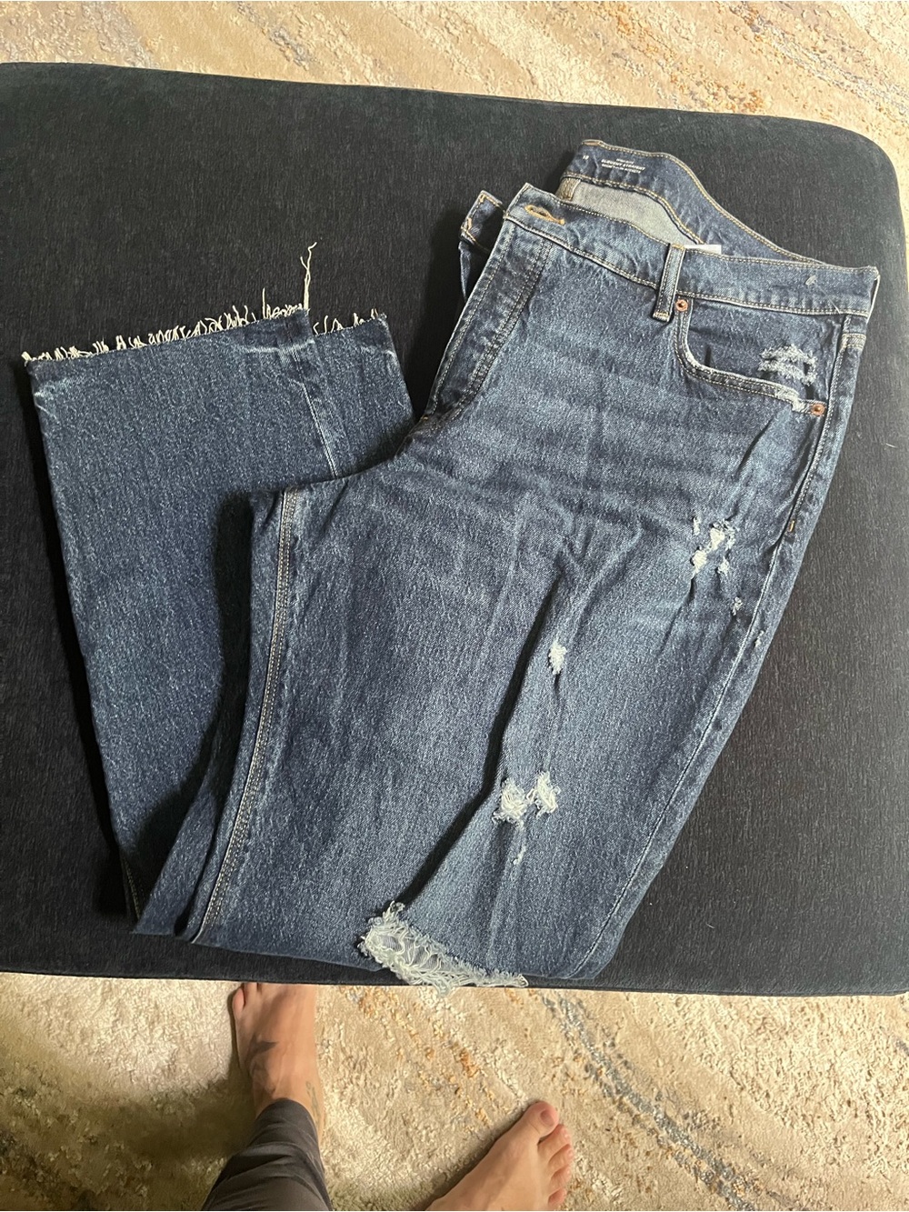 Old Navy Dark Blue Straight-Leg Jeans with Distressed Hem